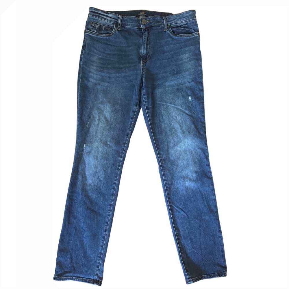 KUT Women‎ Blue Denim Distressed Straight Leg Jeans Size 12 Zip Button Closure
